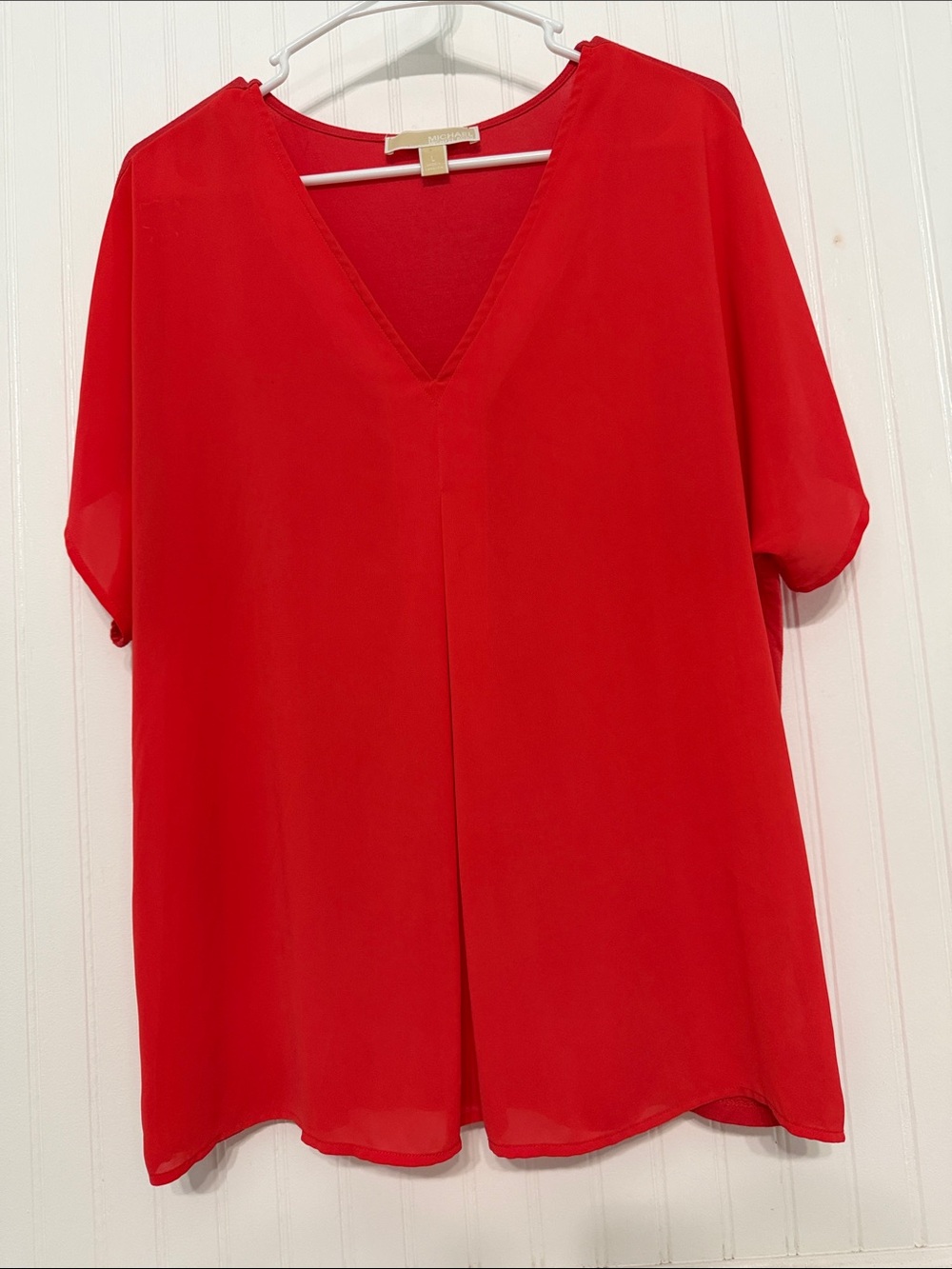 MICHAEL Michael Kors L Coral Mixed-Media V-Neck Pleat Front Coral Blouse